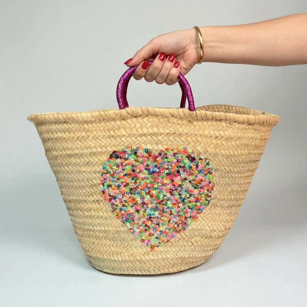 Sequin Heart Straw Market Basket - Handmade Boho Beach Tote Bag