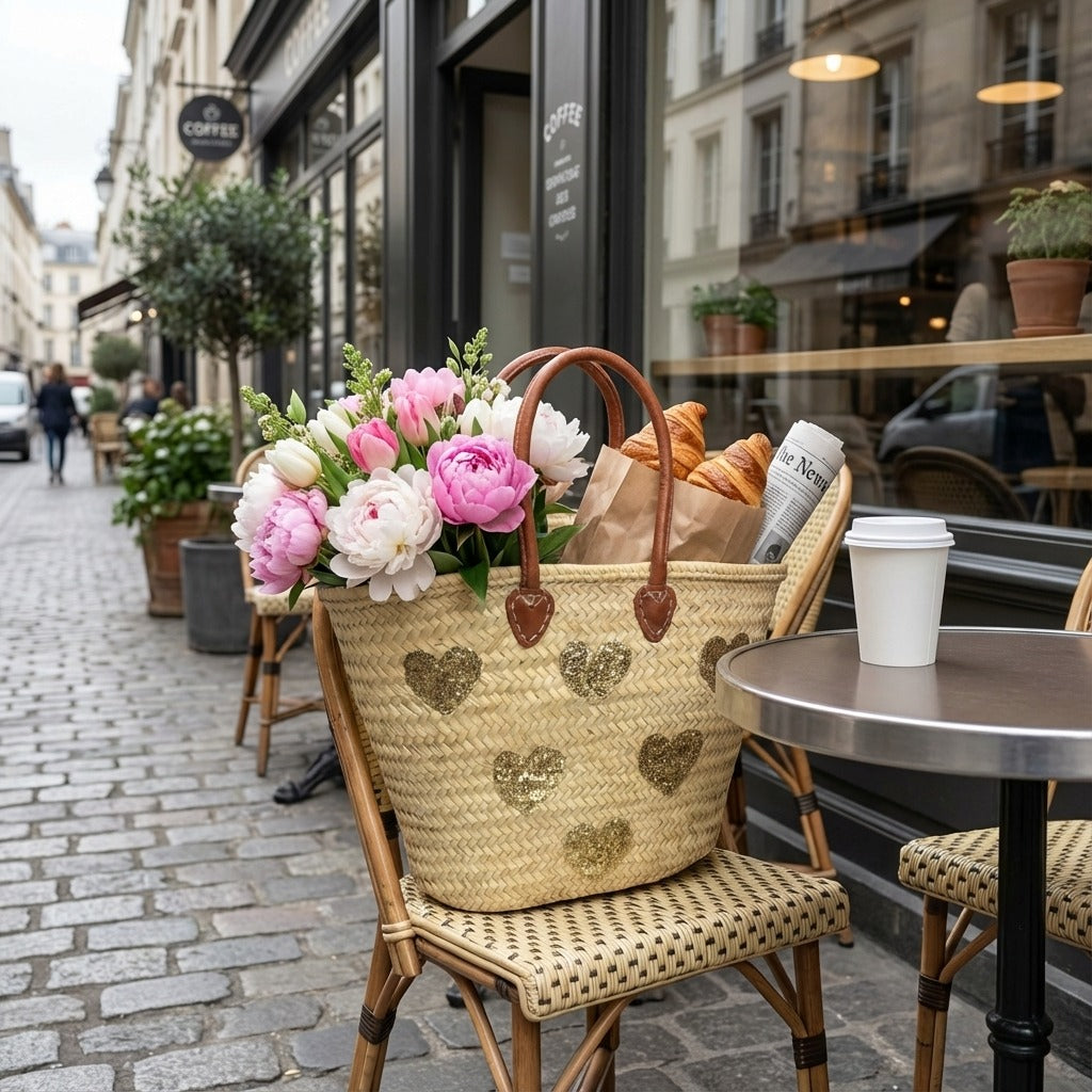 Gold Sequin Heart Straw Market Basket French Tote Bag