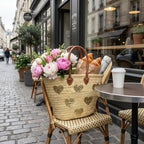 Gold Sequin Heart Straw Market Basket French Tote Bag