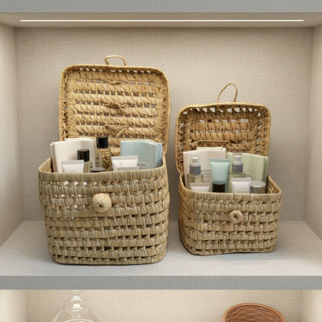 Woven Storage Basket with Lid - Natural Handmade Organizer Box