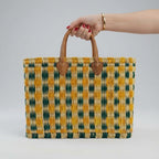 Handmade Reed Market Basket Tote Bag - Orange Green Geometric Pattern