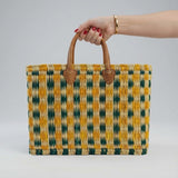 Handmade Reed Market Basket Tote Bag - Orange Green Geometric Pattern